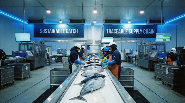 Workers processing fish on conveyor belt in sustainable seafood facility  