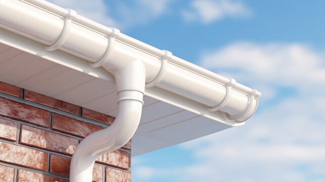 Close up of white PVC roof gutter and downpipe installed on a brick house against a blue sky
