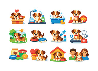 Naklejka premium Colorful Puppy Icons. Pet puppy. Colorful flat vector icons set of pet puppy: puppy adoption, puppy grooming, puppy bath, puppy training, puppy walk, puppy