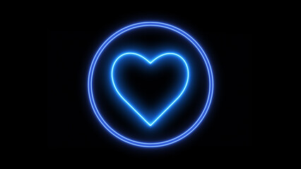 Blue Neon Heart Icon with Glowing Circle on Black Background - Love, Digital Art, and Social Media Concept