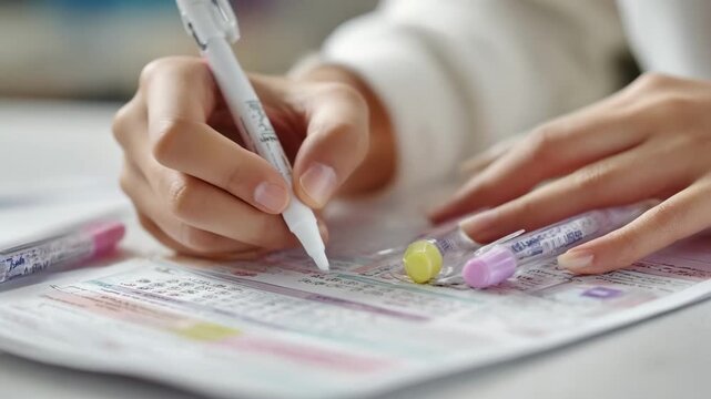 Medium shot of student arranging bullet points in an outline with highlighters and pen visible tutors guide sample softly blurred to show guided practice.
