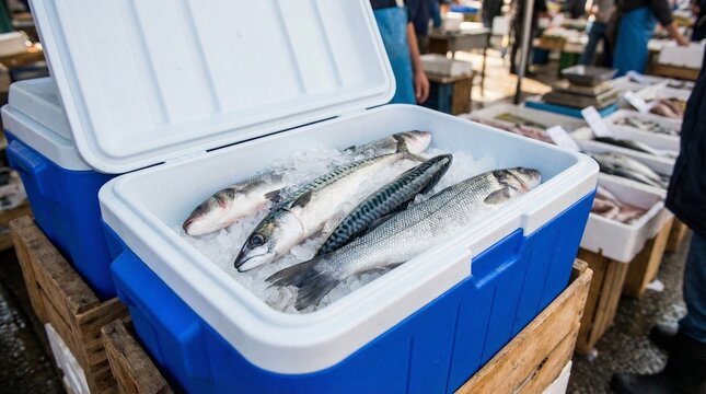 Fresh fish packed in a blue cooler at seafood market stall  