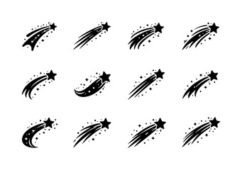 Fototapeta premium Shooting Star Icons. Shooting Star. Solid icon set of Shooting Star: shooting star icon, long light tail, star streak curve, falling meteor, sparkle trail,