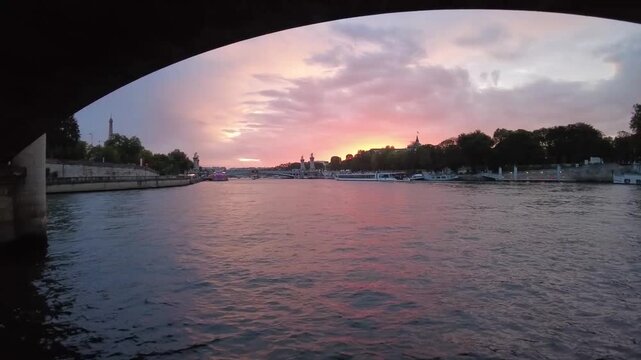 Navigating the seine river at sunset in paris france