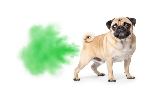 dog farting a green cloud, gross flatulence photo, on a white background, funny animal gas