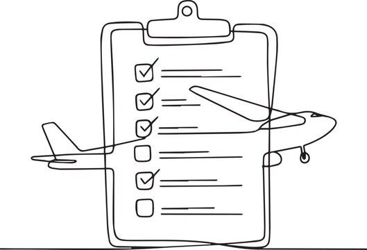 Airplane checklist on clipboard with verification marks for pre-flight inspection and safety procedures