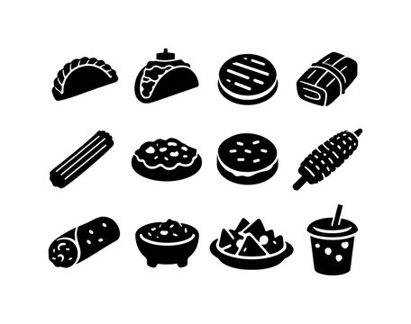 Latin Street Food Icons. Latin street food. Solid icon set of Latin street food: empanada, taco al pastor, arepa, tamale, churro stick, tostada, pupusa, elote