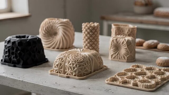 Medium shot of geometric 3Dprinted bread molds showcasing intricate patterns ideal for artisanal bakery creations with modern design aesthetics.