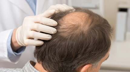 Fototapeta premium Dermatologist in white gloves examining a middle aged man with thinning hair and a bald spot