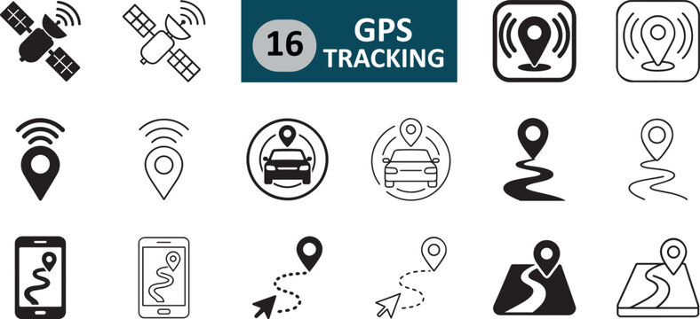 GPS tracking icon set with bold and outline navigation symbols.
