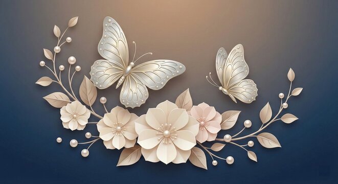 Elegant White Paper Flowers with Pearl Butterflies on Dark Blue Background, Luxury 3D Floral Design for Wedding Decor, Invitations and Romantic Wall Art