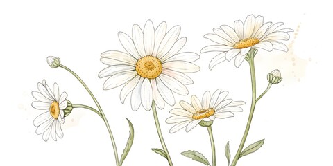 Fototapeta premium watercolor daisy flowers, creamy white petals and warm yellow centers, delicate ink line art, soft pastel tones, botanical hand illustrated style, light paper texture, gentle paint splashes, cottage g