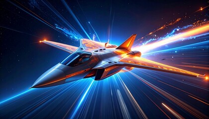 Futuristic Fighter Jet Soaring Through Hyperspace with Light Trails.