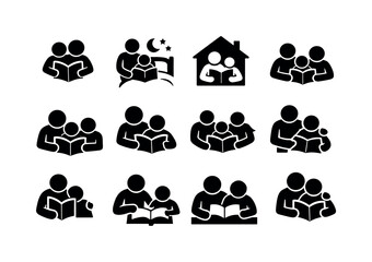 Family Reading Icons. Family reading support. Solid icon set of Family reading support: parent child reading, bedtime story, home learning, shared book time,