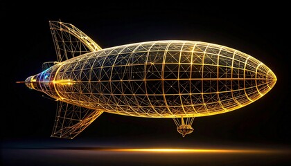 Futuristic Golden Airship Design with Grid Structure on Black Background.