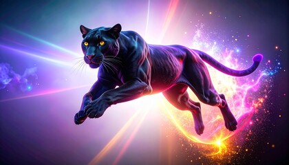 Majestic Black Panther Leaping Through a Vibrant Cosmic Landscape.