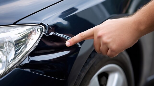 Close up of a hand pointing at a large dent on a black car fender after an accident