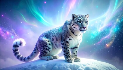 Snow Leopard in Aurora Borealis Dreamscape - A Majestic Feline Portrait.