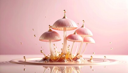 Surreal Mushroom Cluster with Liquid Splash on Pink Background.