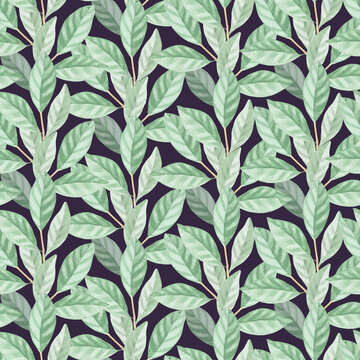 Seamless pattern of the vertical banches of leaves on a violet background. Handmade watercolor illustration. For packaging design, cards, cover, wallpaper, prints, product labels and fabric.