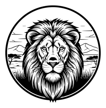Lion head portrait in savannah landscape circular frame. Isolated transparent background ( include cut-out PNG file )