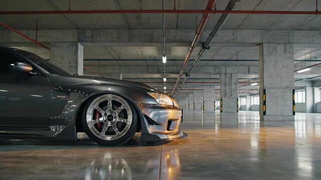 Modified sports car in parking garage. Automobile tuning shop promotional video. Concept of vehicle customization.