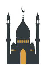 Islamic mosque silhouette with crescent moon and minarets at dusk