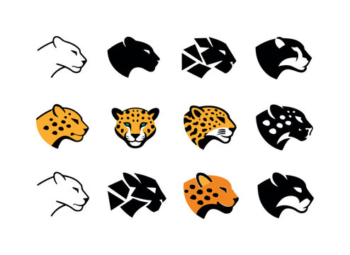 Leopard Logos Collection. Leopards. Icon set. Set Logo of Leopards: leopard head profile. harmonious logo variations of the same emblematic concept, each with