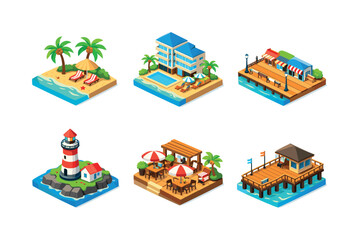 Naklejka premium Isometric Summer Scenery. Summer travel places. Isometric flat vector icons set of Summer travel places: tropical beach with palm trees, seaside resort hotel,