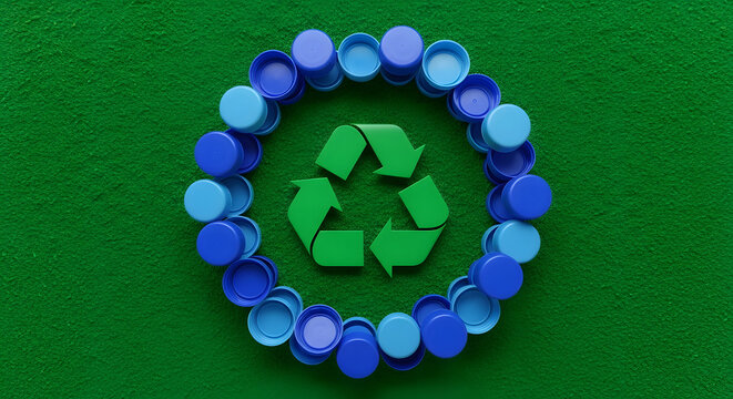 Green recycling symbol surrounded by blue and purple plastic bottle caps Generative AI.