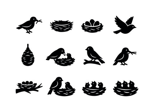 Bird Nest Icons. Birds building nests. Solid icon set of Birds building nests: bird with twig, nest structure, eggs in nest, tree branch nest, flying bird,