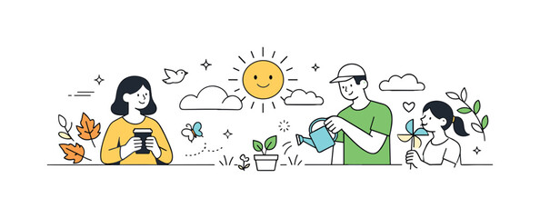 Obraz premium Seasonal Flat Design. Seasonal Banner Flat Design. A wide, airy composition with simple characters and seasonal elements like leaves, sun, or clouds arranged