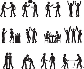 Fototapeta premium Black silhouettes of people showing various social interactions and team activities also transparent background
