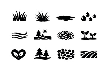 Obraz premium Fresh Meadow Icons. Fresh Meadow Grass. Solid icon set of Fresh Meadow Grass: tall grass blades, wild grass tufts, open field ground, scattered dew drops,
