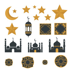 Islamic geometric patterns and Ramadan icons set gold black