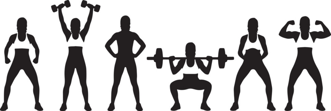 Silhouette of woman performing various weightlifting exercises in different poses also transparent background