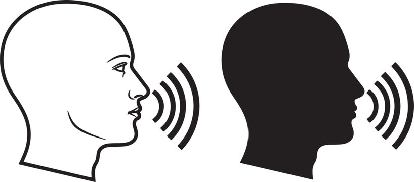 Two human head profiles facing each other with sound waves also transparent background human heads communication