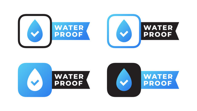 Waterproof badge collection with check mark. Water resistant label for product packaging and marketing