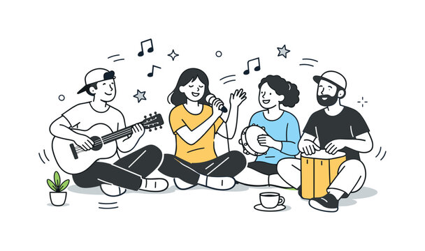 Joyful Music Jam. Music jam session energy. Group enjoying the music together with relaxed smiles and movement. Joy, expression and shared creative moment.