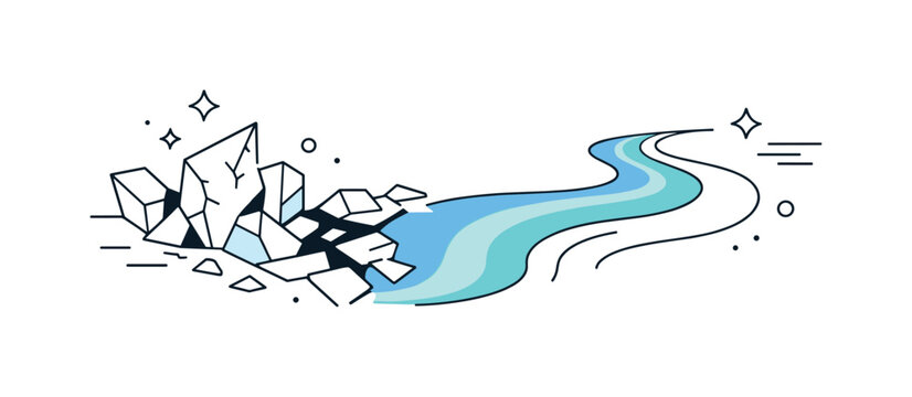 Frozen River Transition. Breaking ice. Abstract river shapes where sharp frozen forms gradually turn into smooth flowing lines. Calm metaphor of transition