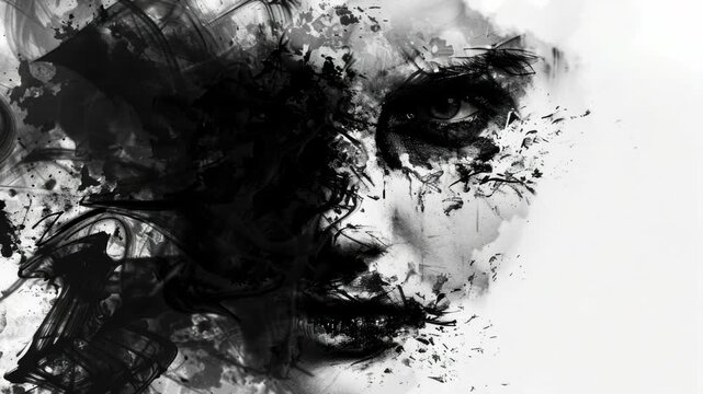 Video A close-up portrait of a woman's face with a neutral expression, shot in monochrome