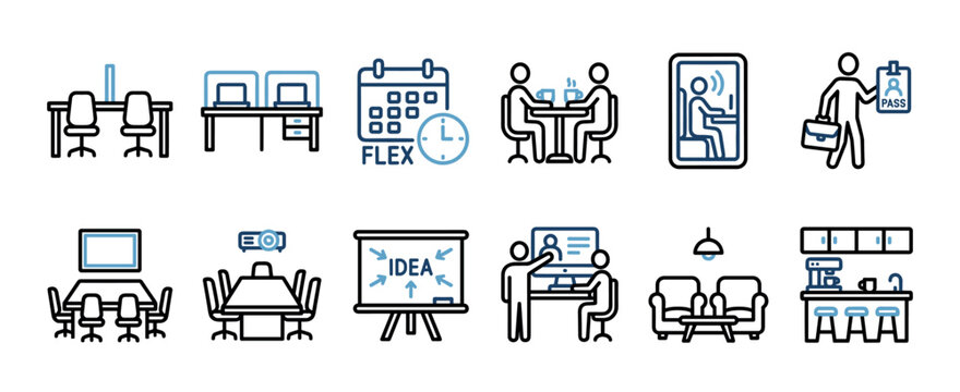 Set of business and corporate life icons illustrating modern workplace concepts like flextime, coworking, brainstorming, and collaboration in a minimalist two-color outline graphic