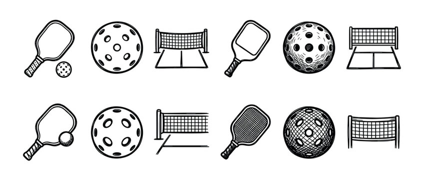 Hand-drawn set of pickleball equipment icons including paddles, perforated balls, nets, and courts, rendered in various black and white sketch and doodle illustration styles