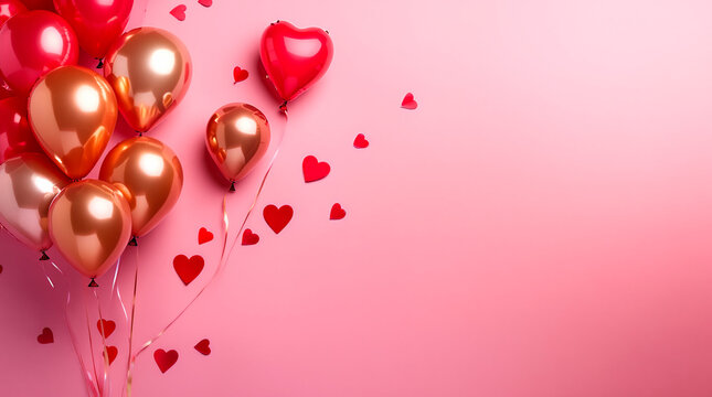 Composici&oacute;n rom&aacute;ntica minimalista con globos decorativos dorados y rojos sobre fondo rosa pastel. Estilo elegante y festivo con confeti en forma de corazones y amplio espacio para texto.