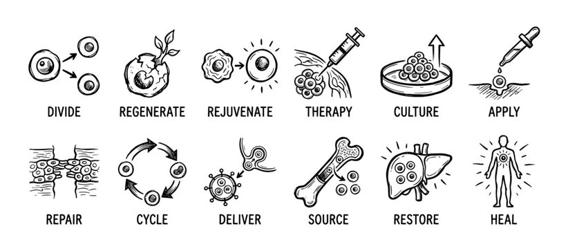 Hand drawn icon set illustrating stem cell therapy and regenerative medicine processes like division, repair, and healing, presented in a black and white sketch doodle style infographic