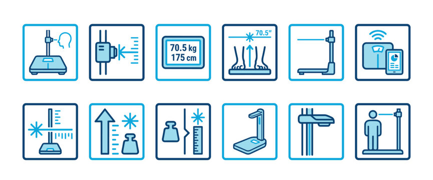 Set of blue line icons depicting medical scales and height measurement devices for body mass index and health diagnostics, presented as a collection of simple pictograms for infographics