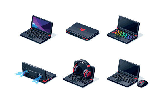 Isometric Gaming Laptop Icons. Gaming laptop. Isometric flat vector icons set of gaming laptop: gaming laptop open, gaming laptop closed, gaming laptop with