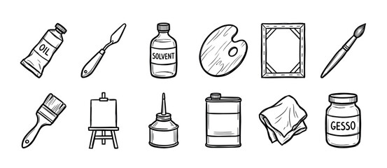 Fototapeta premium Collection of hand-drawn artist tools for oil painting including a canvas, easel, brushes, palette knife, and paints in a black and white doodle sketch illustration style