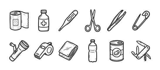 Obraz premium Collection of hand-drawn emergency survival kit icons including a flashlight, bandage, and multi-tool in a black and white doodle style illustration set for preparedness