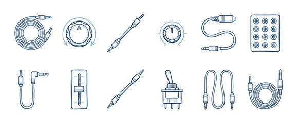 Fototapeta premium Blue sketch icons of modular synthesizer components, featuring various audio patch cables, potentiometers, a fader, and a switch, depicted in a simple hand-drawn doodle illustration style